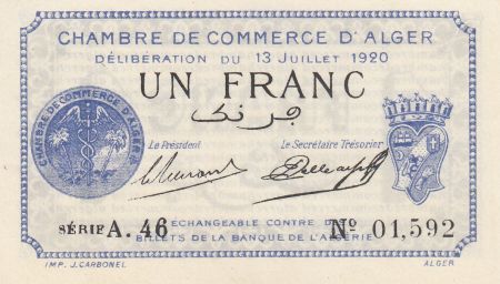 Algérie 1 Franc - Chambre de commerce d\'Alger - 13-07-1920 - Série A.46