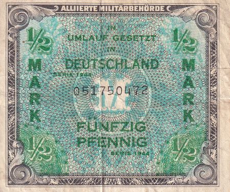 Allemagne 1/2 Mark Impr. américaine - 1944 - 9 digit avec F - TB - P.191a