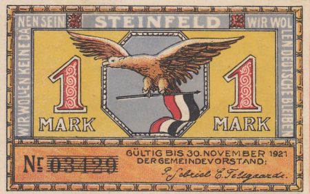 Allemagne 1 Mark - Etat de Steinfeld - 30-11-1921 - Numéro 03429