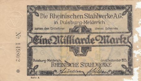 Allemagne 1 Milliard de Mark - Etat de Duisburg-Meiderich - 1923 - Numéro 149802