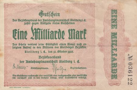 Allemagne 1 Milliard de Mark - Etat de Stollberg - 1923