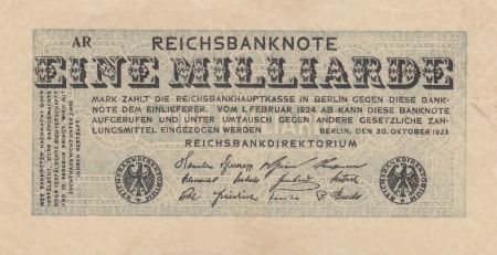 Allemagne 1 Milliarde Mark - Reichsbanknote - Série AR - 1923 - TTB - P.122