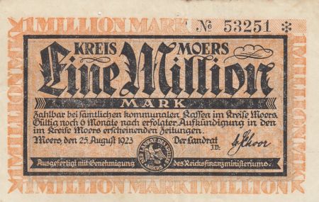 Allemagne 1 million de mark - Etat de Kreis Moers - Numéro 53251 - 1923