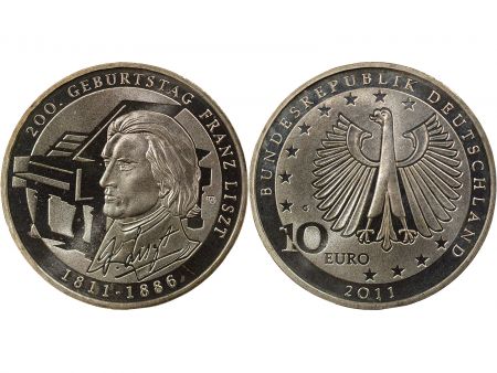 Allemagne 10 Euros Argent, Franz Liszt - 2011 G Karlsruhe