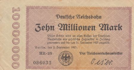 Allemagne 10 Millionen Mark - Etat de Berlin - 02-09-1923 - Série HR-25