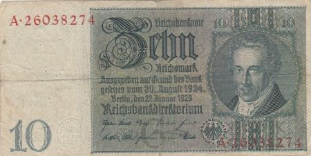 Allemagne 10 Reichsmark - Albrecht D. Thaer - Série A - 1929 - P.180a