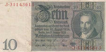 Allemagne 10 Reichsmark - Albrecht D. Thaer - Série J - 1929 - P.180a