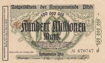 Allemagne 100 000 000 Mark - Ville de Pfalz - Numéro 670747 - 1923