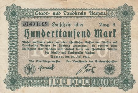 Allemagne 100 000 mark - Etat de Aachen - Numéro 493168 - 1923