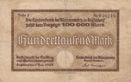 Allemagne 100 000 Mark - Etat de Dusseldorf - 1923 - Reihe 2 - Numéro 046246