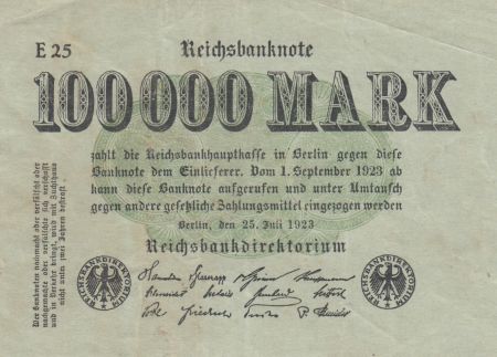 Allemagne 100 000 Mark - Reichbanknote - Série E.25 - 1923 - P.91a