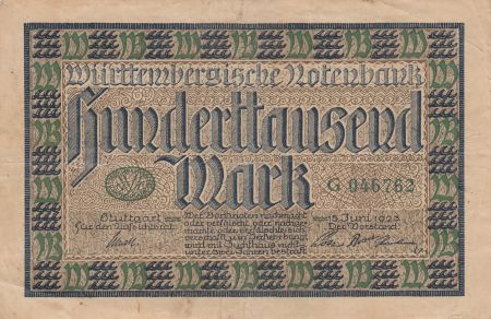 Allemagne 100 000 Mark - Ville de Wurttemberg - Série G - 1923