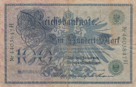 Allemagne 100 Mark - 1908 - Numérotation verte 7 digit Nr44H - P.34