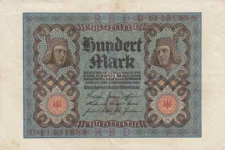 Allemagne 100 Mark - Cavalier de Bamberg - 8 digit - 1920 - Série U - P.69b