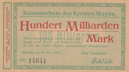 Allemagne 100 Milliarden Mark - Etat de Mayen - 06-11-1923 - Numéro 14641