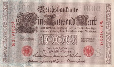 Allemagne 1000 Mark - Brun numérotation rouge - 1910 - 7 chiffres série L