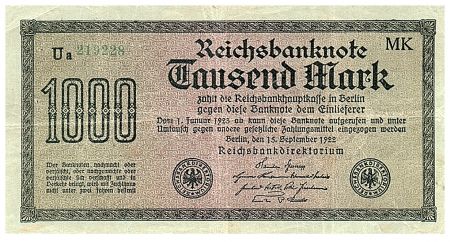 Allemagne 1000 Mark Vert, lilas - 1922 - série Ua-MK