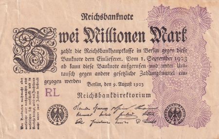 Allemagne 2 Millionen Mark - Noir et Lilas - 09-08-1923 - Série RL