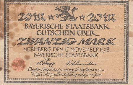 Allemagne 20 Mark - Etat de Bayern - Numéro 705234 - 1918