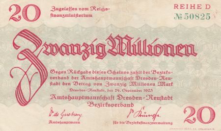 Allemagne 20 Millionen Mark - Etat de Dresden - Reihe D - 24-10-1923 - Numéro 50825