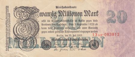 Allemagne 20 Millionen mark - Reichsbanknote - Série AB 8 digit - 1923