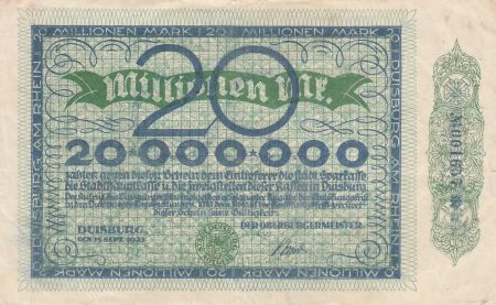 Allemagne 20 Millions de Mark - Etat de Duisburg - 15-09-1923 - Numéro 001657