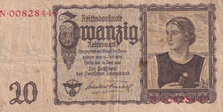 Allemagne 20 Reichsmark - Jeune femme - Paysage - 1939 - Lettre N - P.185