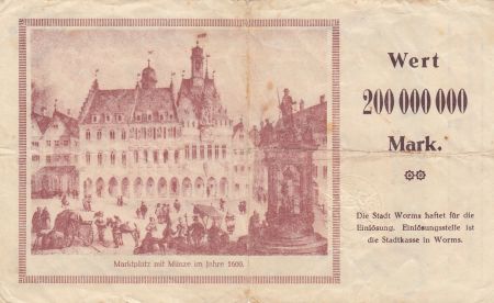 Allemagne 200 Millionen Mark - Etat de Worms - 15-10-1923 - Numéro 051661