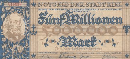 Allemagne 5 000 000 mark - Ville de Kiel - Numéro 15896 - 1923