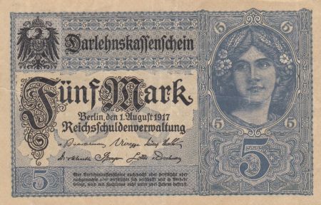 Allemagne 5 Mark - Femme, couronne - 1917 - Série O - P.56b