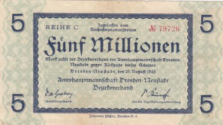 Allemagne 5 Millionen Mark - Etat de Dresden - Reihe C - 25-08-1923 - Numéro 79726