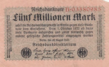 Allemagne 5 Millionen mark - Reichsbanknote - Série D - 1923