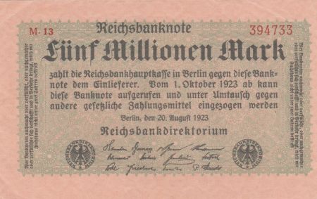 Allemagne 5 Millionen mark - Reichsbanknote - Série M.13