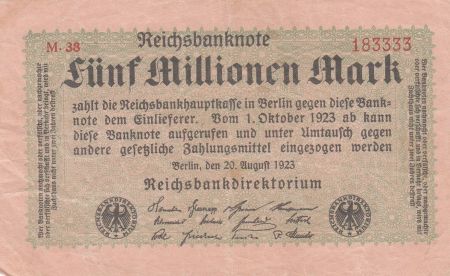 Allemagne 5 Millionen mark - Reichsbanknote - Série M.38 - 1923