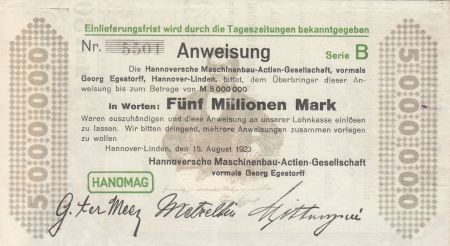 Allemagne 5 millions de Mark - Etat de Hannover-Linden - 1923 - Numéro 5501