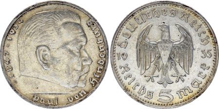 Allemagne 5 Reichsmark Hindenburg 1935 D Munich - Argent - TTB - KM.86