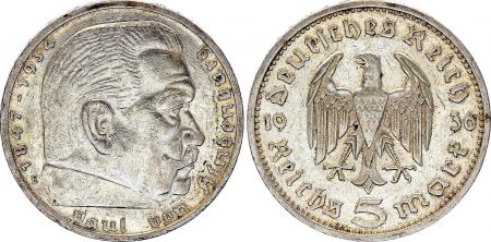 Allemagne 5 Reichsmark Hindenburg 1936 E Munldenhutten - Argent - TTB - KM.86