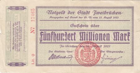 Allemagne 500 Millionen Mark - Etat de Zweibrucken - 13-08-1923 - Numéro 17465