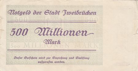 Allemagne 500 Millionen Mark - Etat de Zweibrucken - 13-08-1923 - Numéro 17465