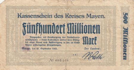 Allemagne 500 millions de Mark - Etat de Mayen - 1923 - Numéro 001448