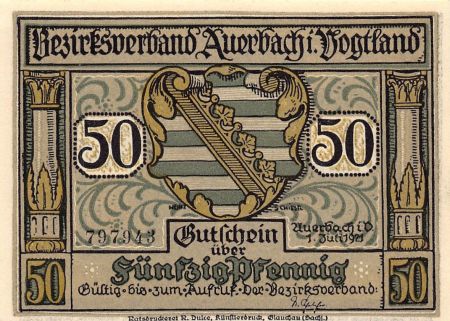 Allemagne ALLEMAGNE  Auerbach/Vogtland - 50 PFENNIG 1921