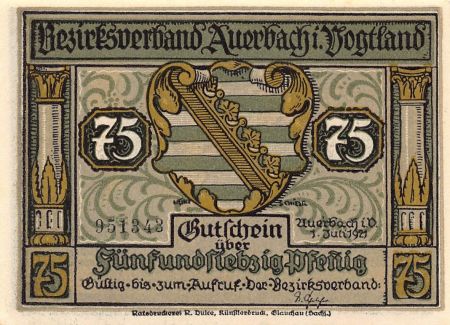 Allemagne ALLEMAGNE  Auerbach/Vogtland - 75 PFENNIG 1921