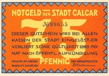 Allemagne ALLEMAGNE  CALCAR - 75 PFENNIG 1921