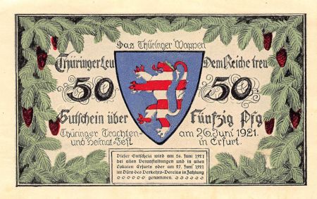 Allemagne ALLEMAGNE, THURINGE ERFURT - 50 PFENNIG 1921