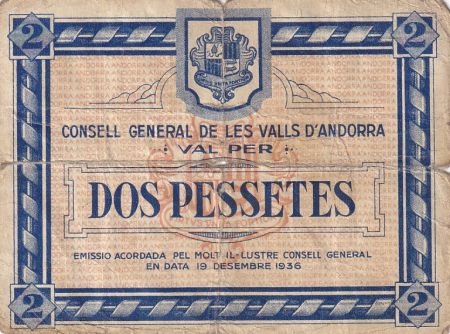 Andorre 2 Pessetes - Premier type - Bleu - 1936 - 02961