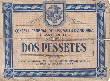 Andorre 2 Pessetes - Premier type - Bleu - 1936 - 04169