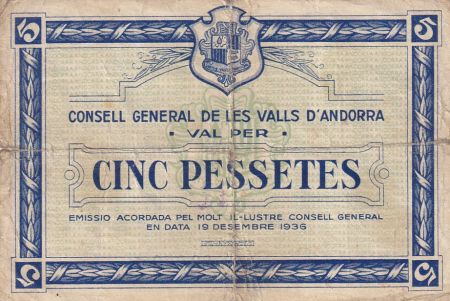 Andorre 5 Pessetes - Premier type - Bleu - 1936 - 02878