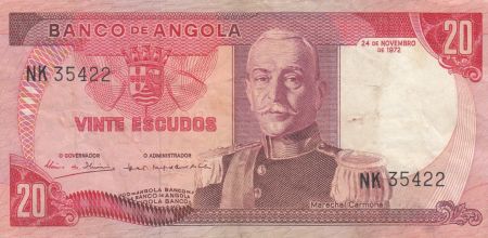 Angola 20 Escudos - M. Carmona - Fleur de coton - 24-11-1972 - Séries diverses