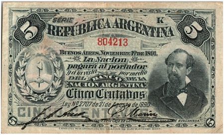 Argentine 5 Centavos, Nicolas Avellaneda - 1891 - TB+ - P.209 Série K