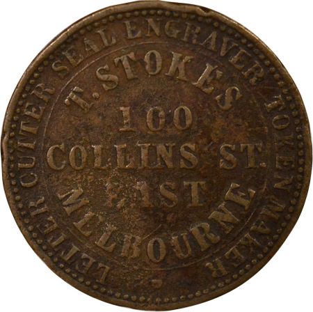 Australie Victoria - Penny Token Cuivre, Thomas Stokes - 1862 Melbourne